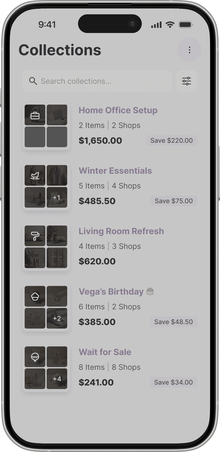 Whisprice collections screen showing multiple product groups including Living Room Refresh, Vega's Birthday, and Wait for Sale, each with item count, shop count, total price, and savings.