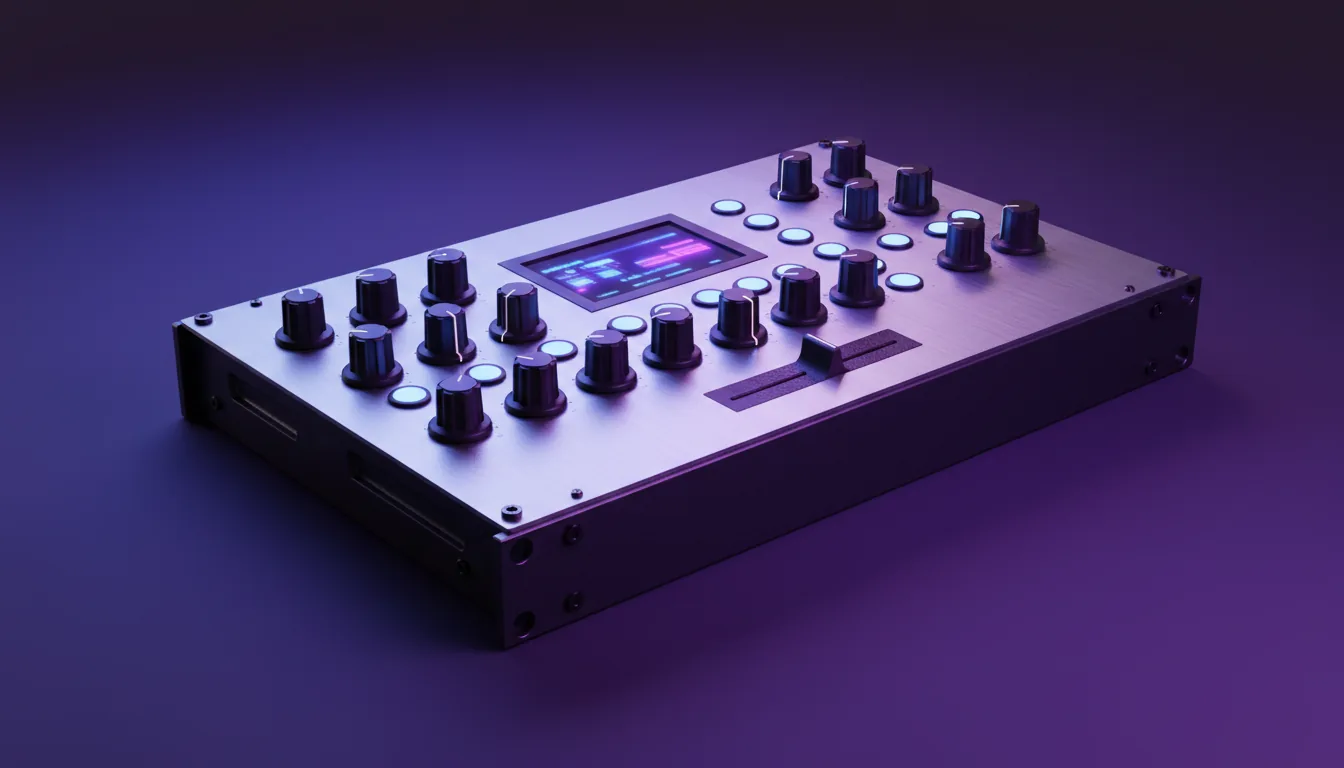 3D product render of a rugged, rack-mountable audio-visual FX console, captured in a high-angle, three-quarters view. The hardware features a white brushed metal front panel with numerous black control knobs and a small, illuminated screen displaying abstracted UI elements. The main body is a dark, matte, industrial-grade chassis. The console is set against a deep purple gradient studio backdrop, illuminated by dramatic blue and purple cinematic lighting that creates soft shadows and highlights. Blender style, professional product visualization, hyper-realistic.