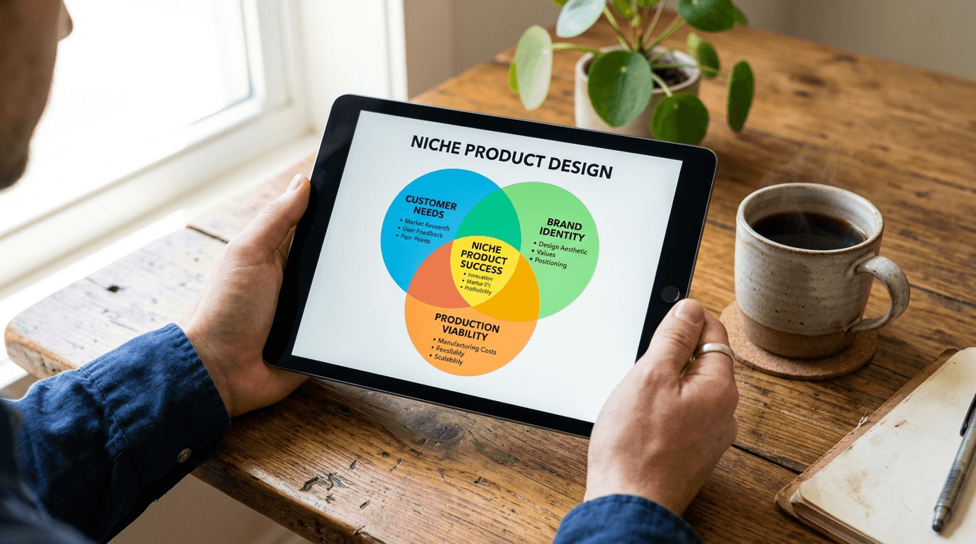 Etsy seller analyzing niche data on a tablet