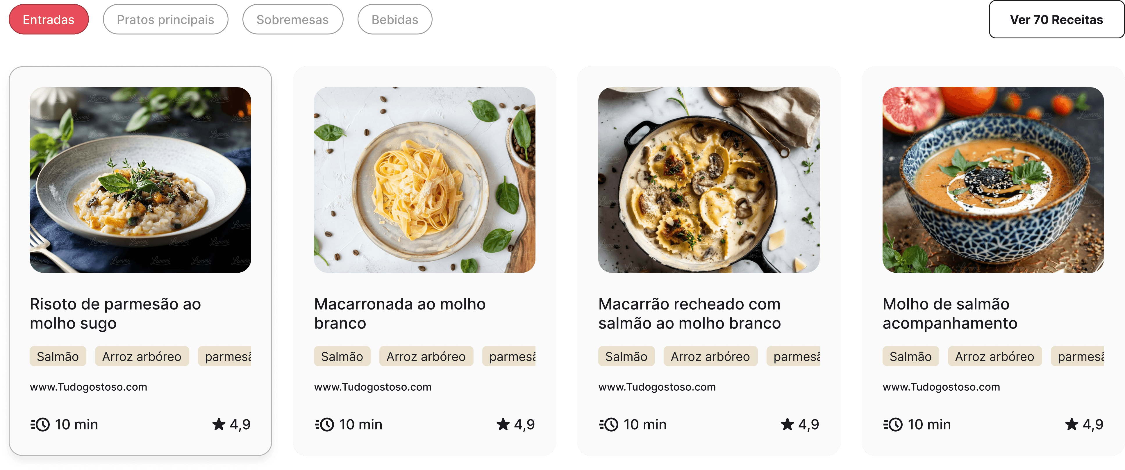 Search results displaying a list of recipes with filter tabs for categories.