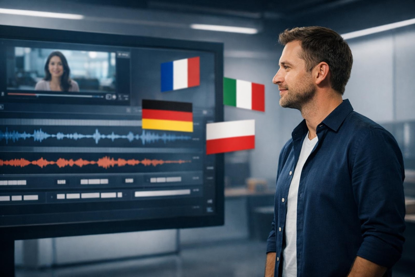 Automatic Dubbing and subtitle editor interface displaying translated audio tracks and language selection for video localization workflows