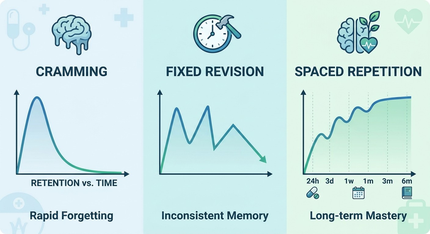 Comparison of cramming vs fixed revision vs spaced repetition showing retention curves