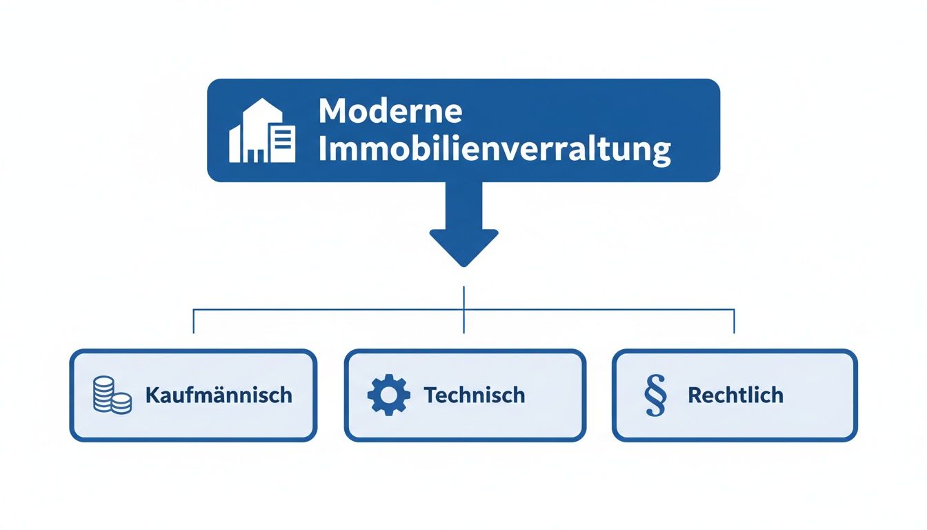 Flussdiagramm zur modernen Immobilienverwaltung, unterteilt in kaufmännische, technische und rechtliche Aspekte mit Icons.