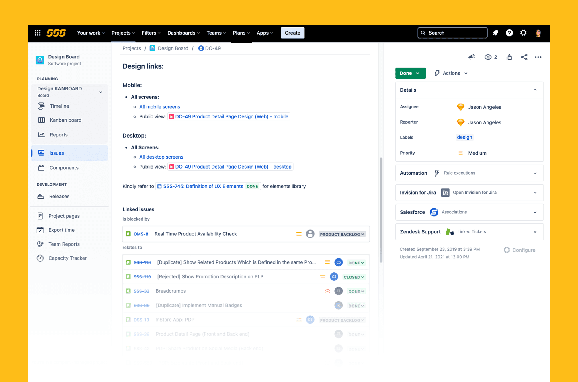 Screenshot of jira dashboard for sun and sand sports checkout flow project