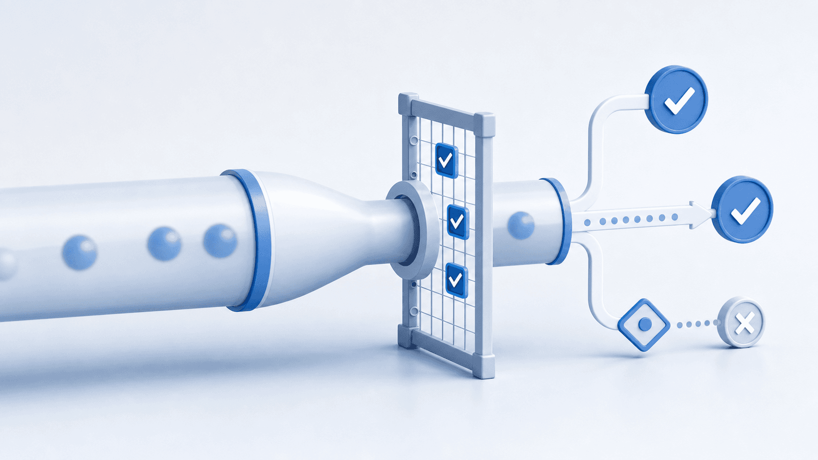A clean, modern workflow diagram showing a pipeline stage gate with checkboxes and verification points. The image shows a funnel or pipeline with a checkpoint barrier, featuring checkmarks, approval indicators, and conditional logic symbols. Use a professional blue and white color scheme with subtle gradients. The style should be minimalist and technical, representing the concept of gated progression through verifiable criteria without any text or labels.