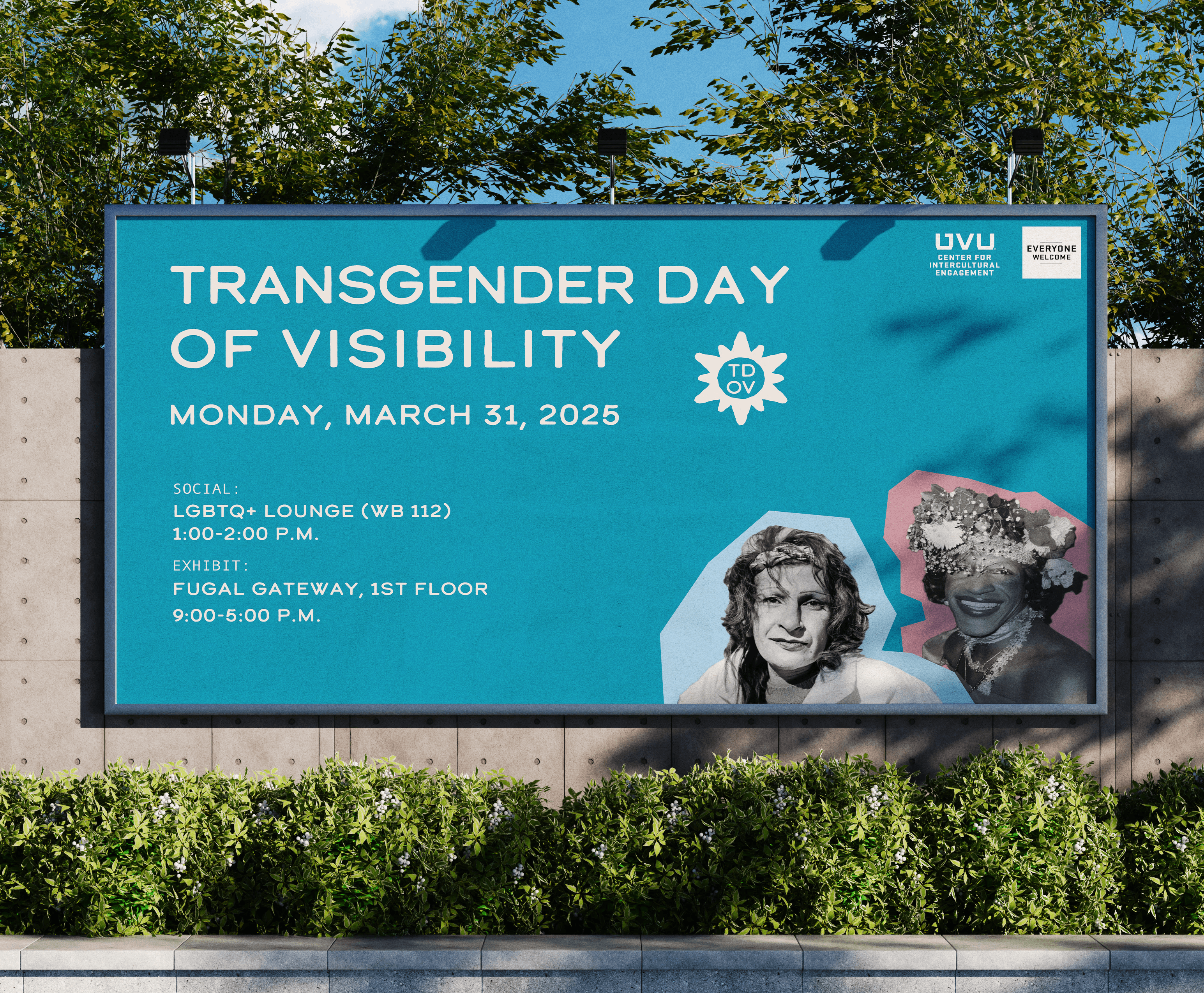 Transgender Day of Visibility event billboard with two portraits.