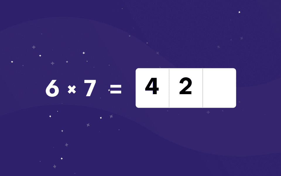 Talamo test screen, Multiplication (Multiplying): the sum 6 × 7 with the answer 42 being typed into the boxes.