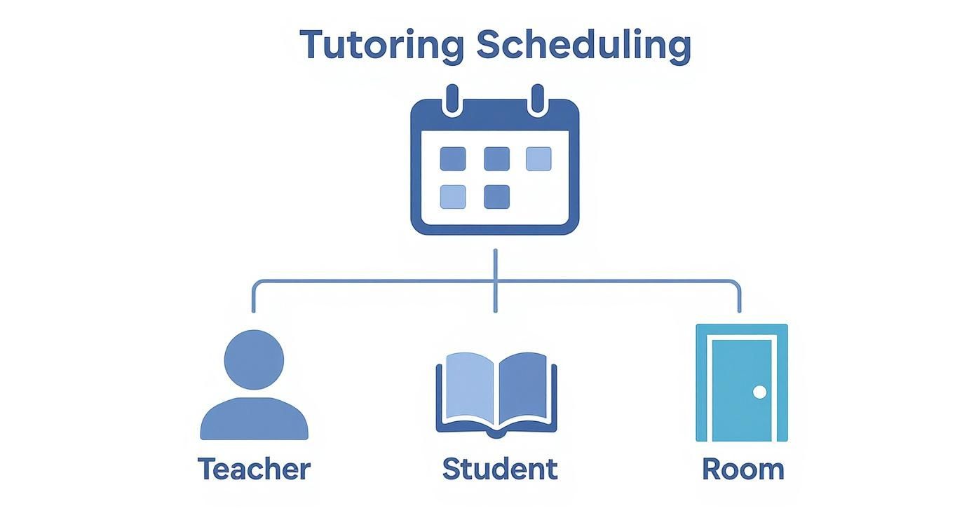 A diagram illustrating tutoring scheduling with a calendar, connecting teacher, student, and room icons.