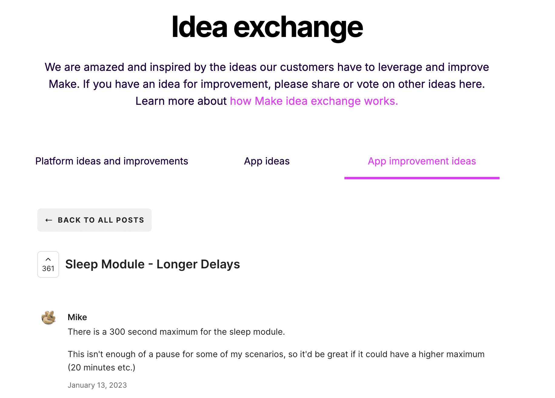 Screenshot of make.com idea board