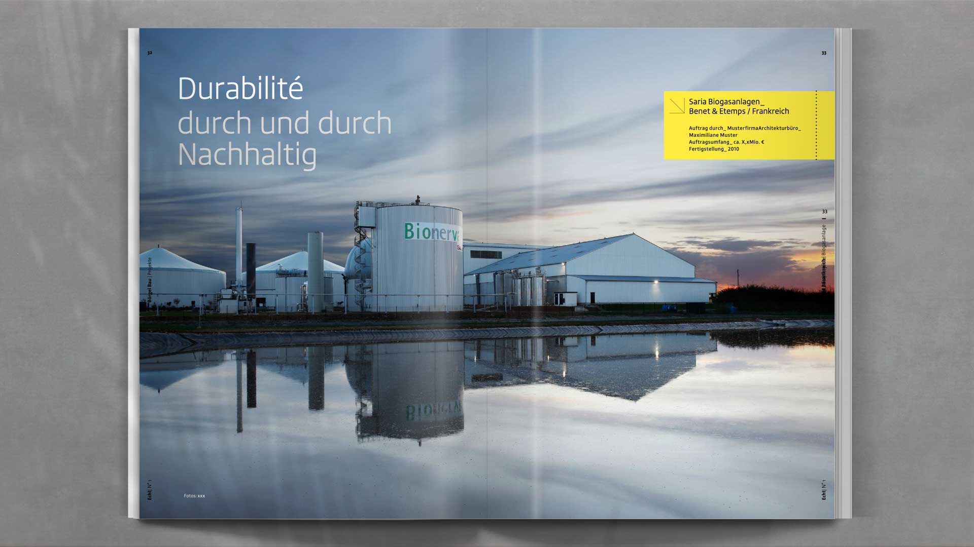 Editorial-Design-Doppelseite zum Thema Umweltbau mit Infoboxen, plakativem Bildeinsatz und typografisch sauberer Gliederung.