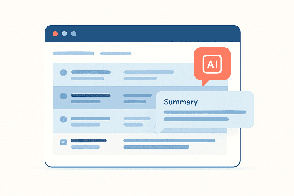 Email inbox with AI summary bubble illustration
