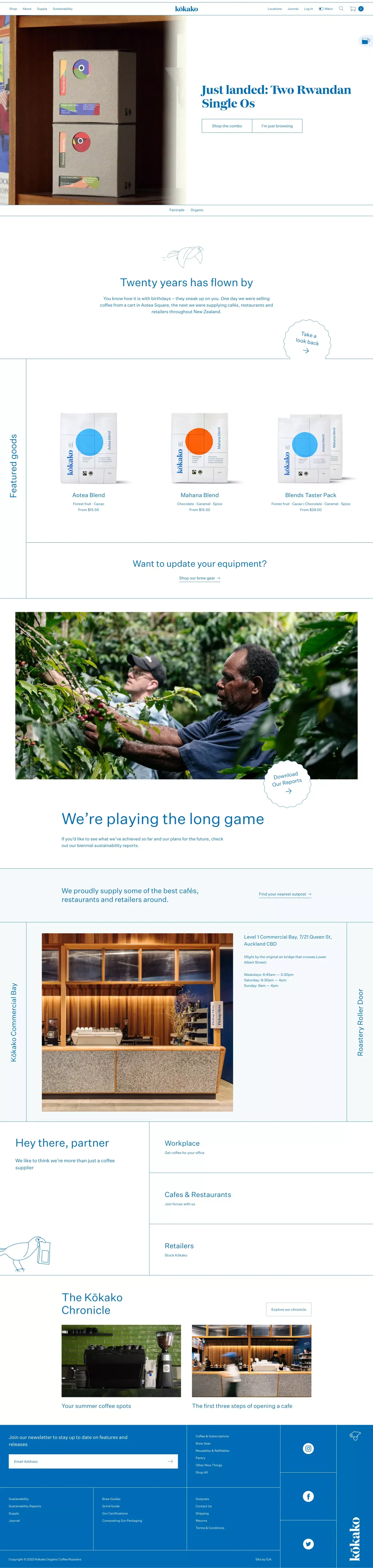 Kokako Organic Coffee Roasters landing page screenshot showcasing Food & Drinks and Ecommerce design