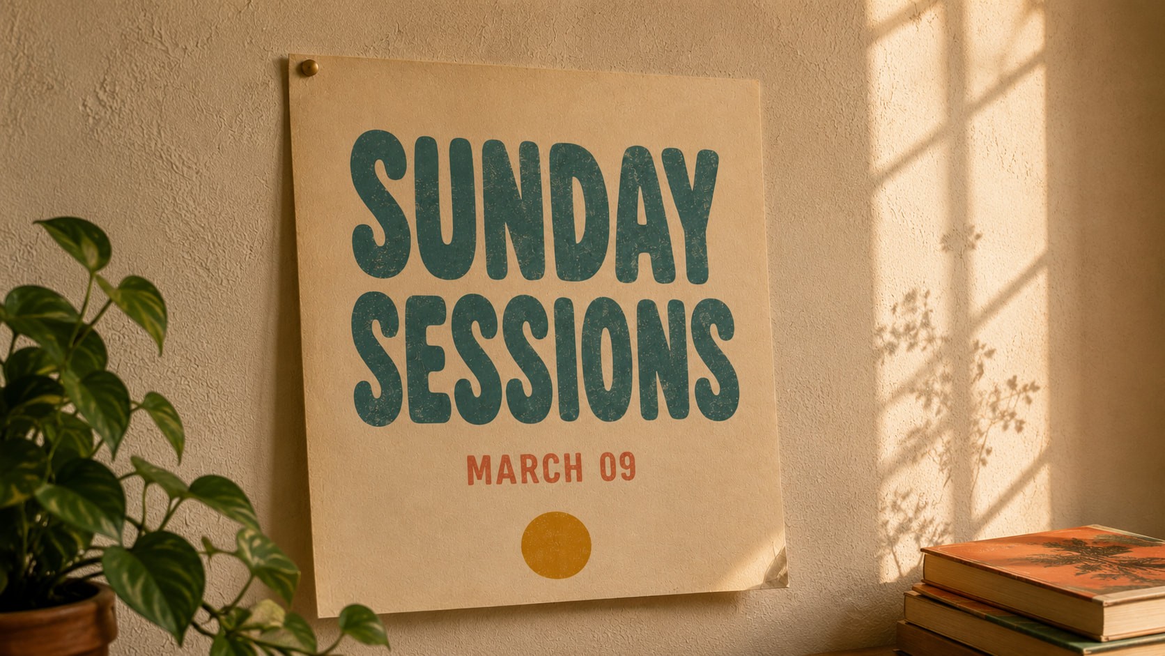 Poster on a sunlit wall reads "Sunday Sessions, March 09" in bold, colorful letters. Nearby, a plant and books create a cozy, inviting atmosphere.