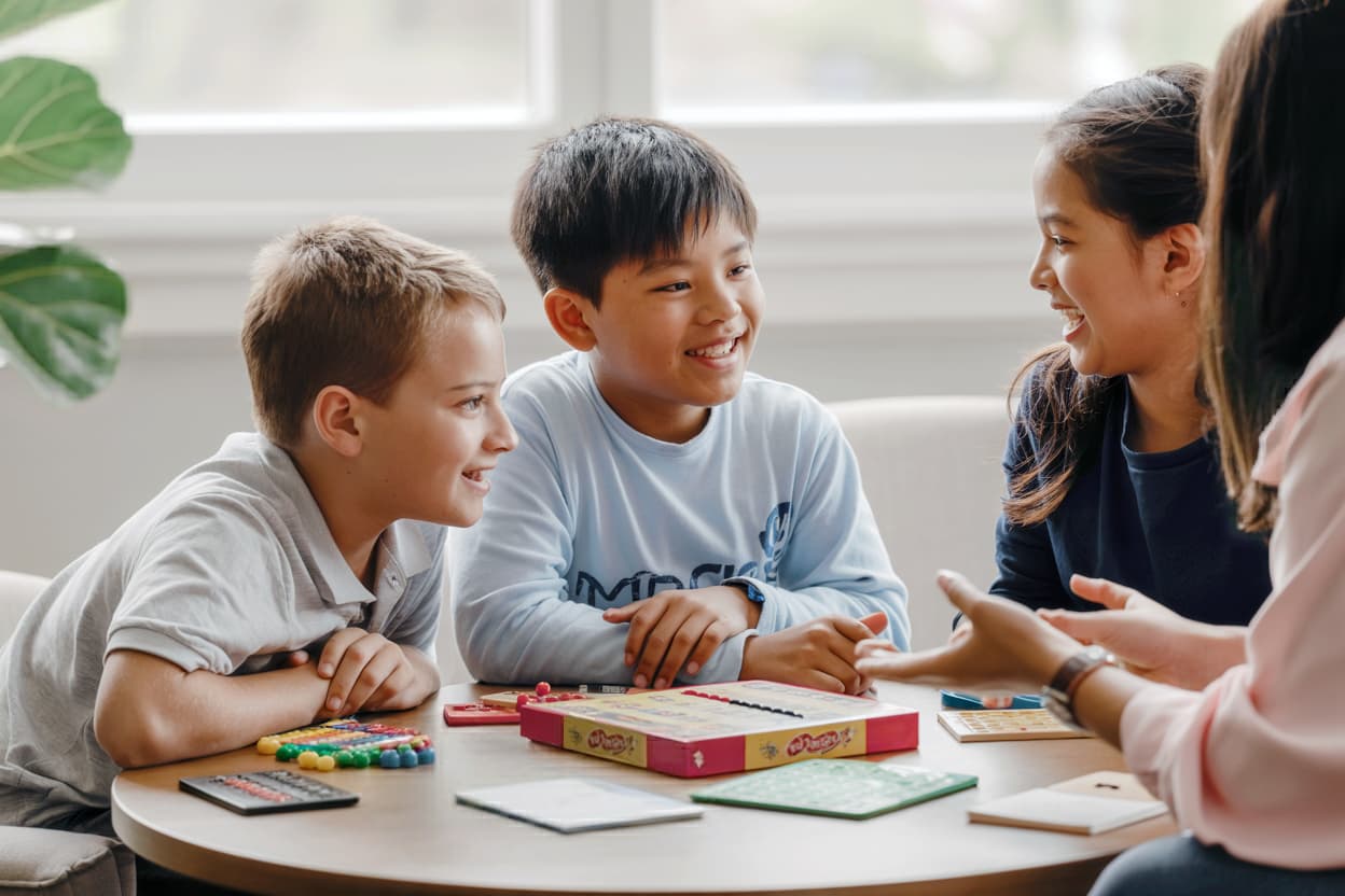 Three children participate in a group speech therapy session, smiling and engaging in conversation while playing language-based board games with a speech-language pathologist.