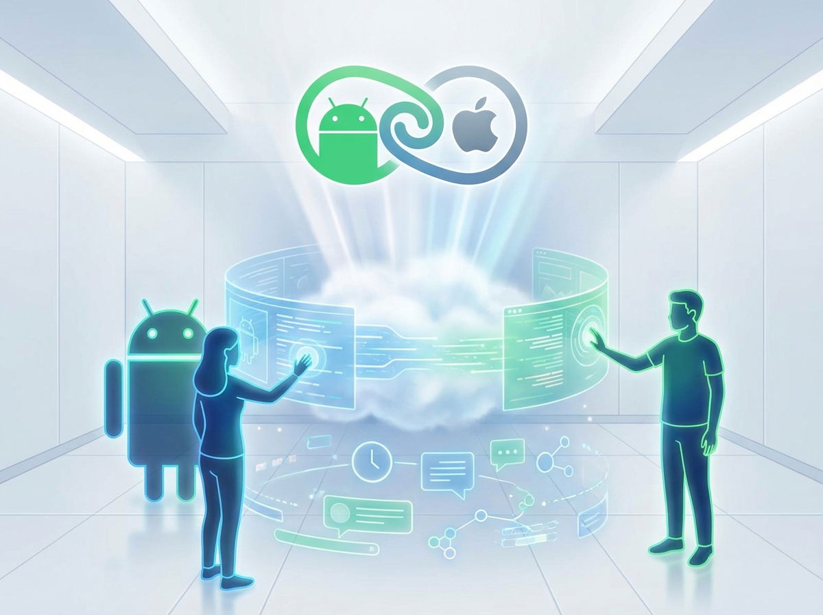 Futuristic concept of cross platform integration featuring cloud style elements and symbolic Google and Apple logos