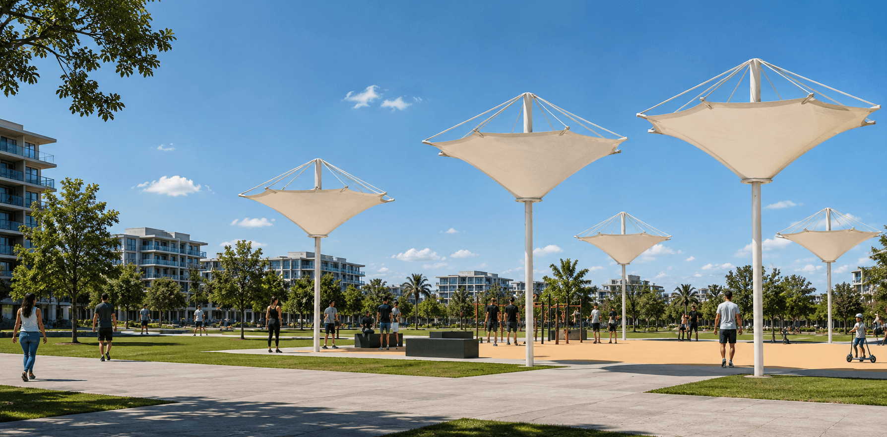 Park with several large beige umbrella-like sunshades on tall poles and people walking on paths and grass areas.