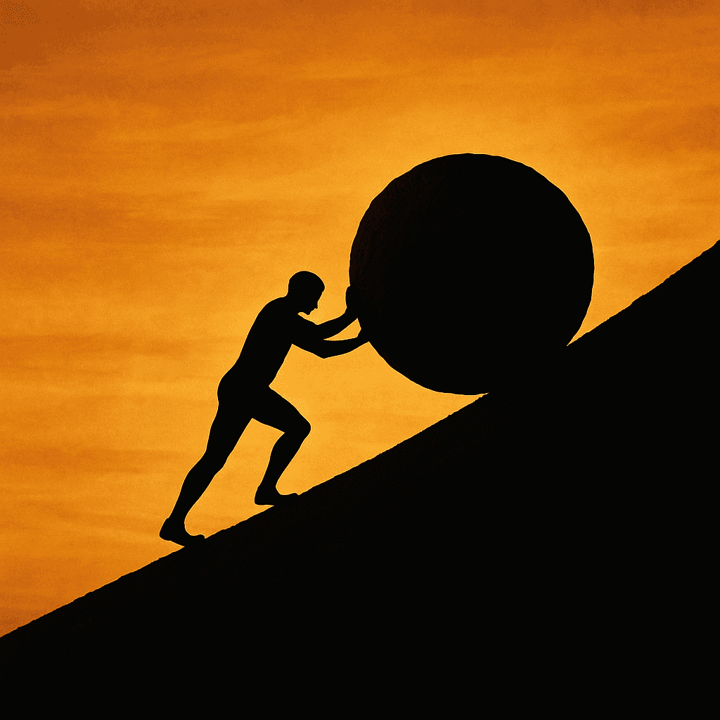 silhouette pushing a boulder up a hill
