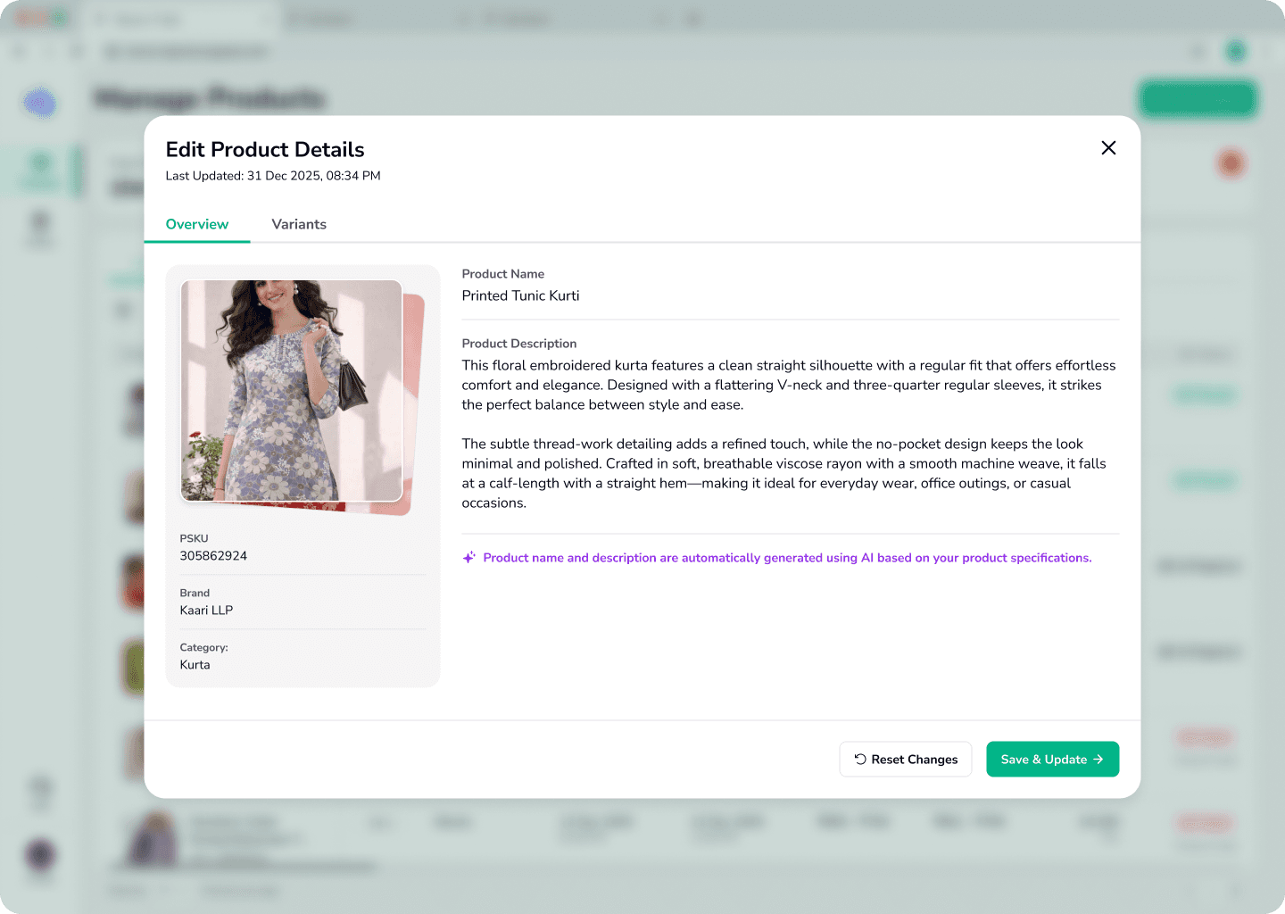Inline product editing with AI-generated name and description - to keep the system clean