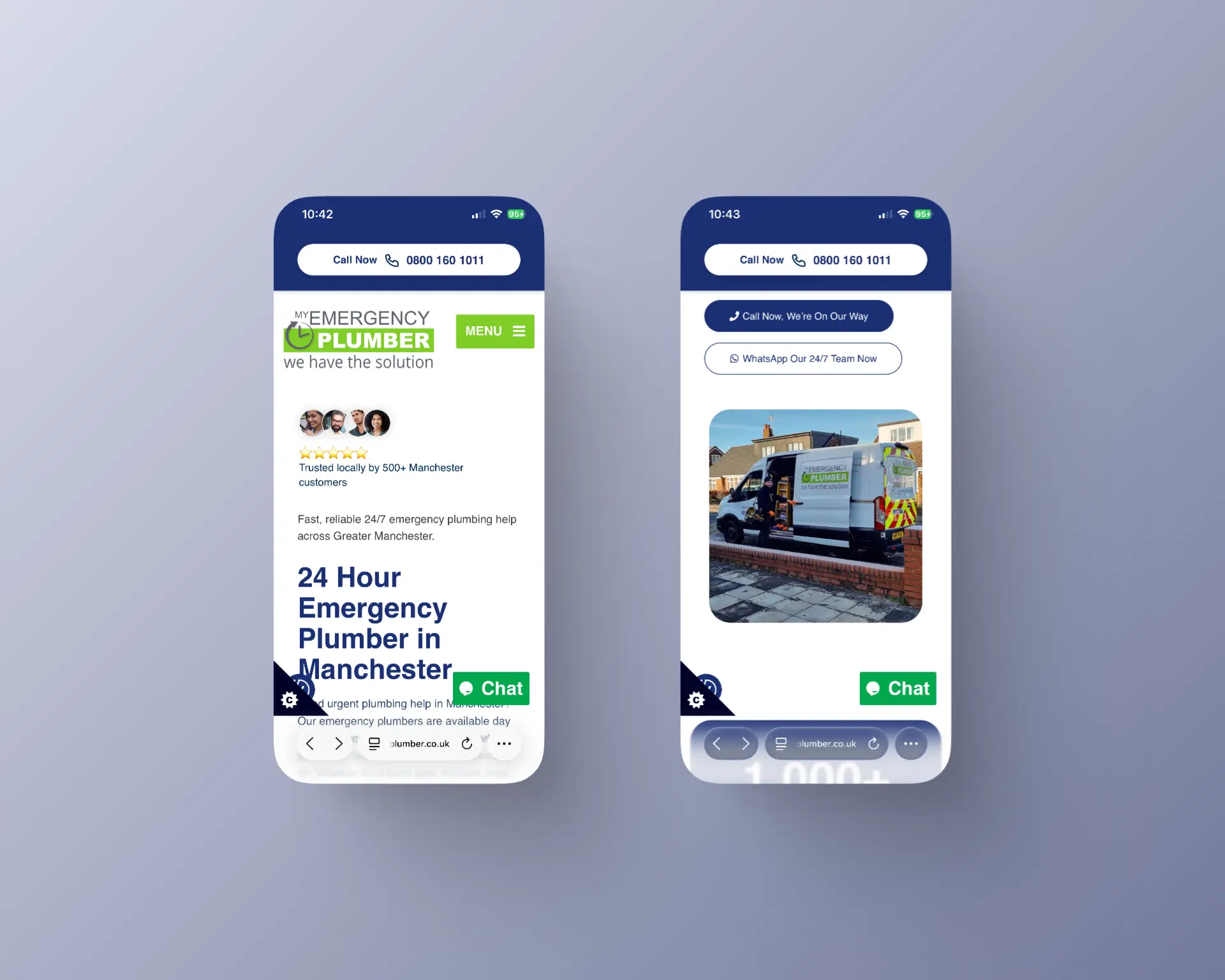 Mobile homepage design for My Emergency Plumber showing 24 hour emergency plumber services in Manchester with trust ratings and call to action