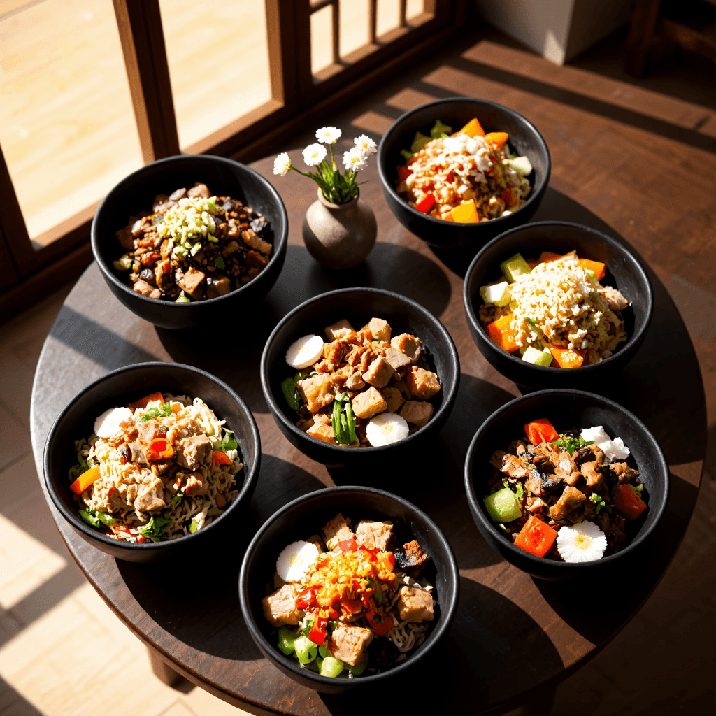 product photography of a variety of Korean dishes served in bowls