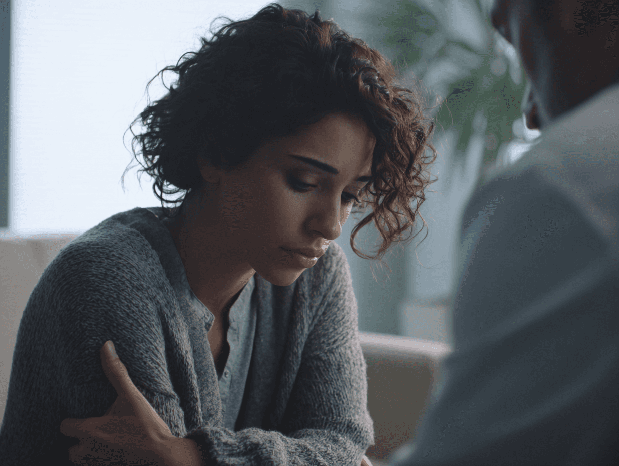 A woman with curly hair in a grey sweater sits pensively, looking down, conveying a thoughtful or somber mood. Blurred figure in the foreground.