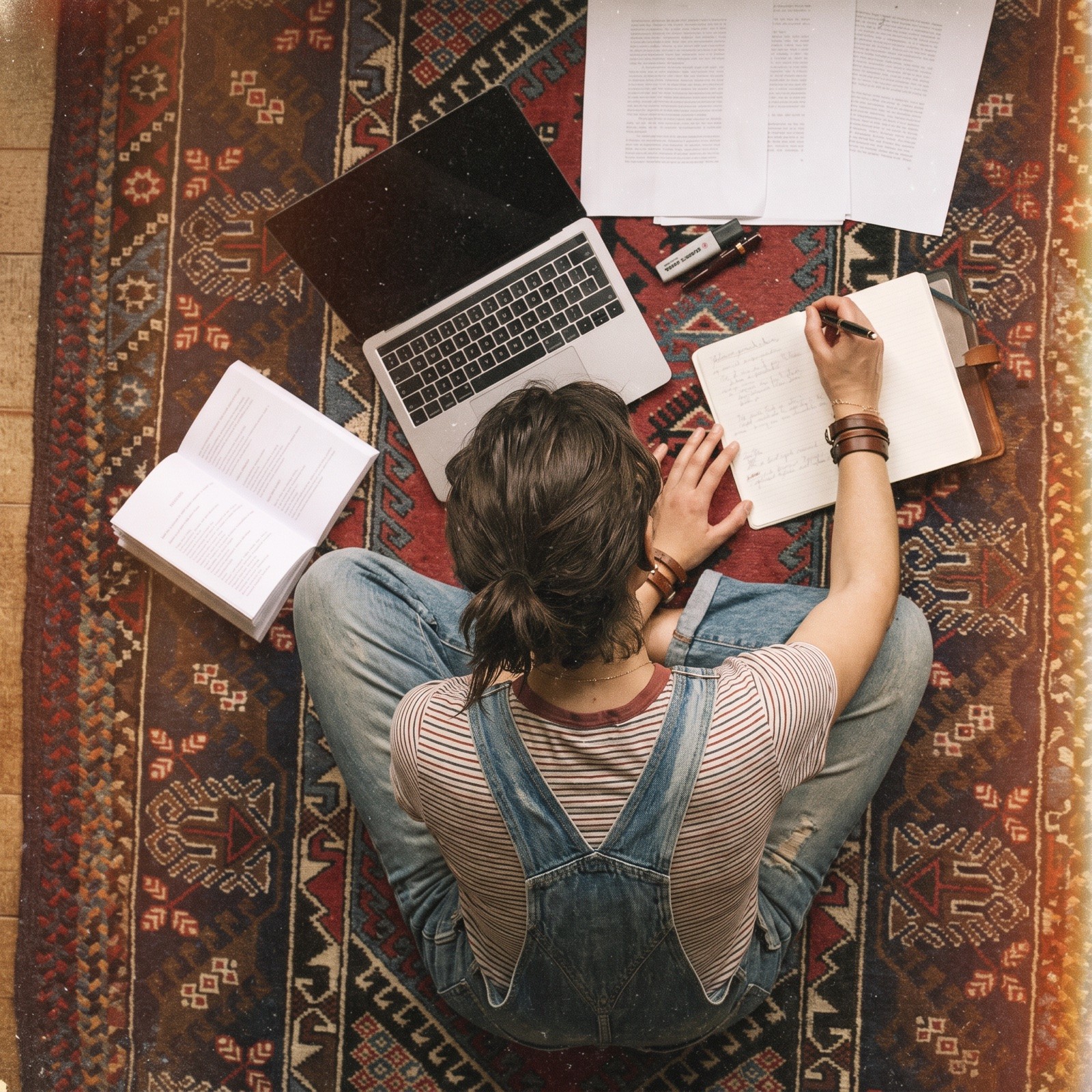 Creator developing course material with a laptop and notebook