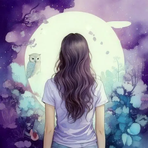 Image générée par IA d'une femme de dos et d'un hibou 1.