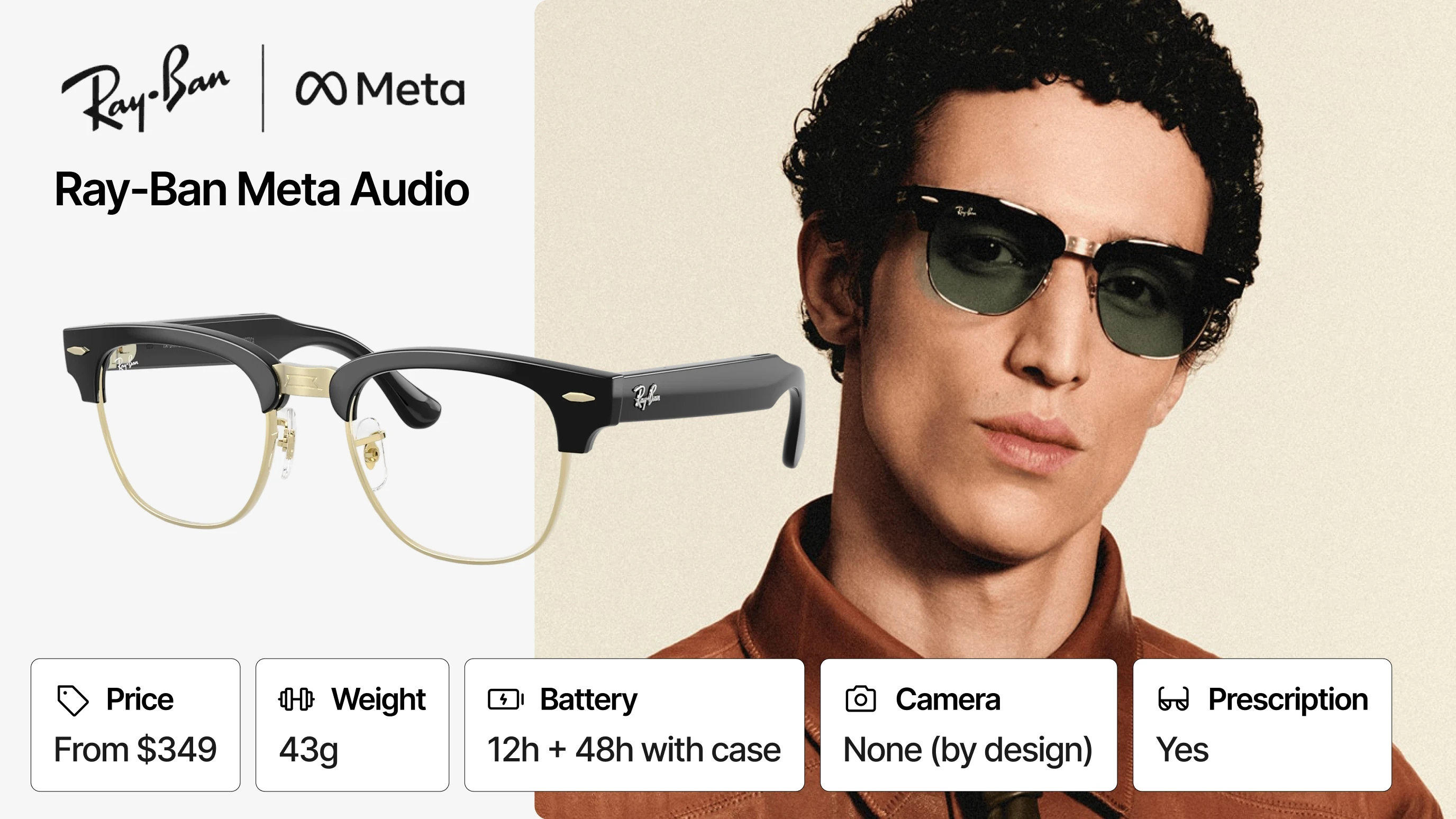Ray-Ban Meta Audio glasses beside a model wearing the camera-free frames, with feature tiles below.