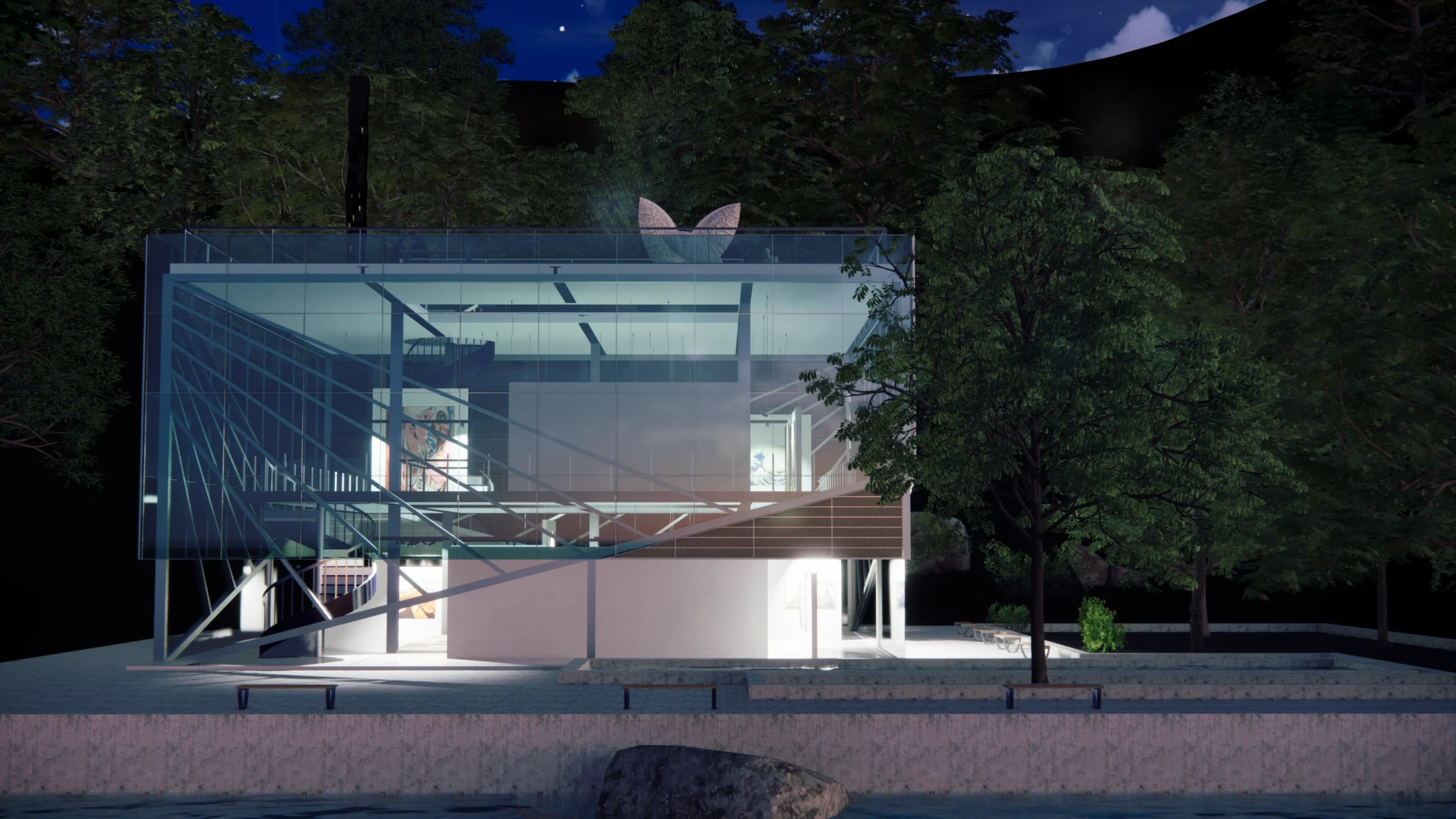 A glass squared building iluminated from inside, between some trees.