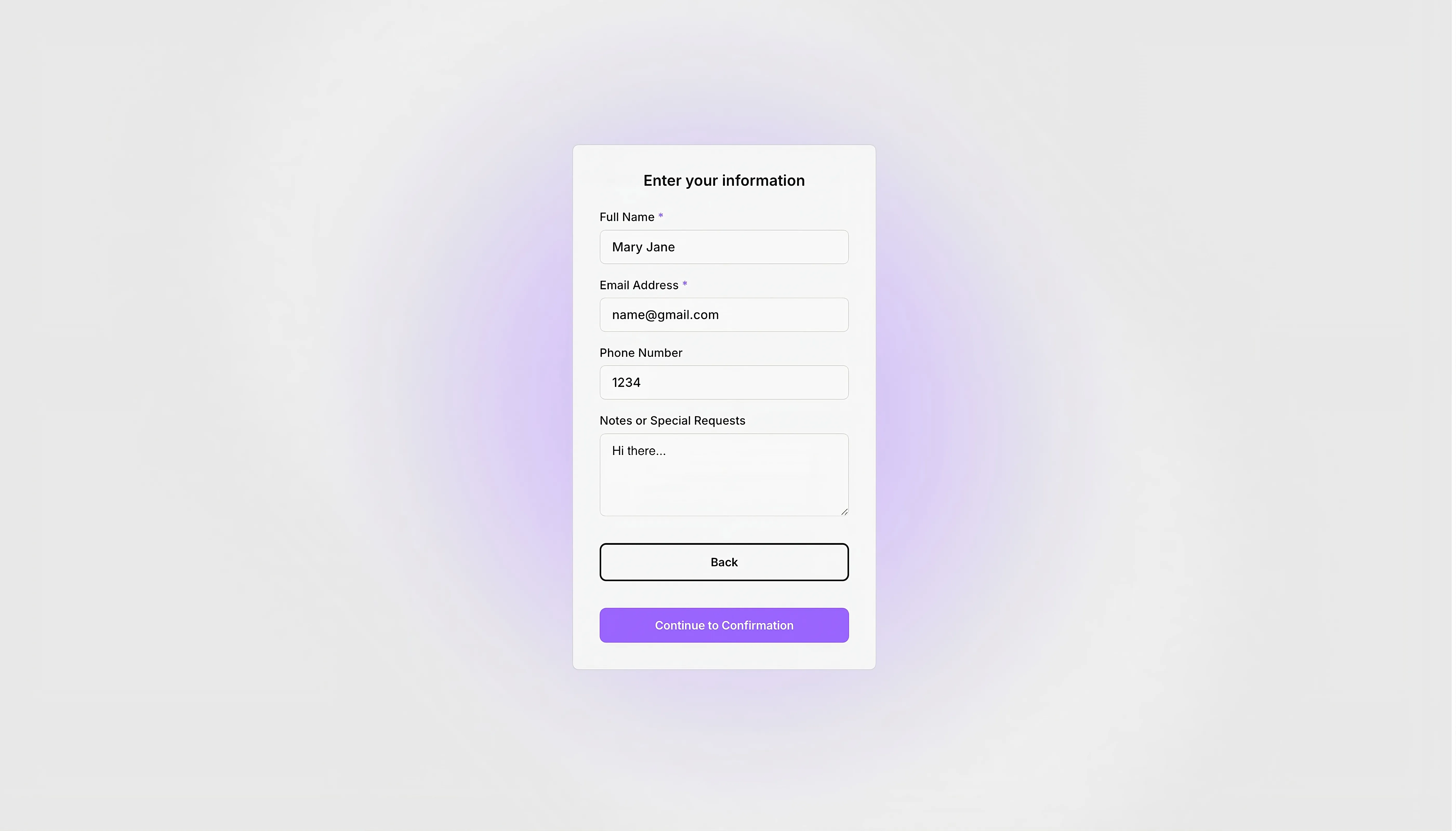a light themed user info collection form