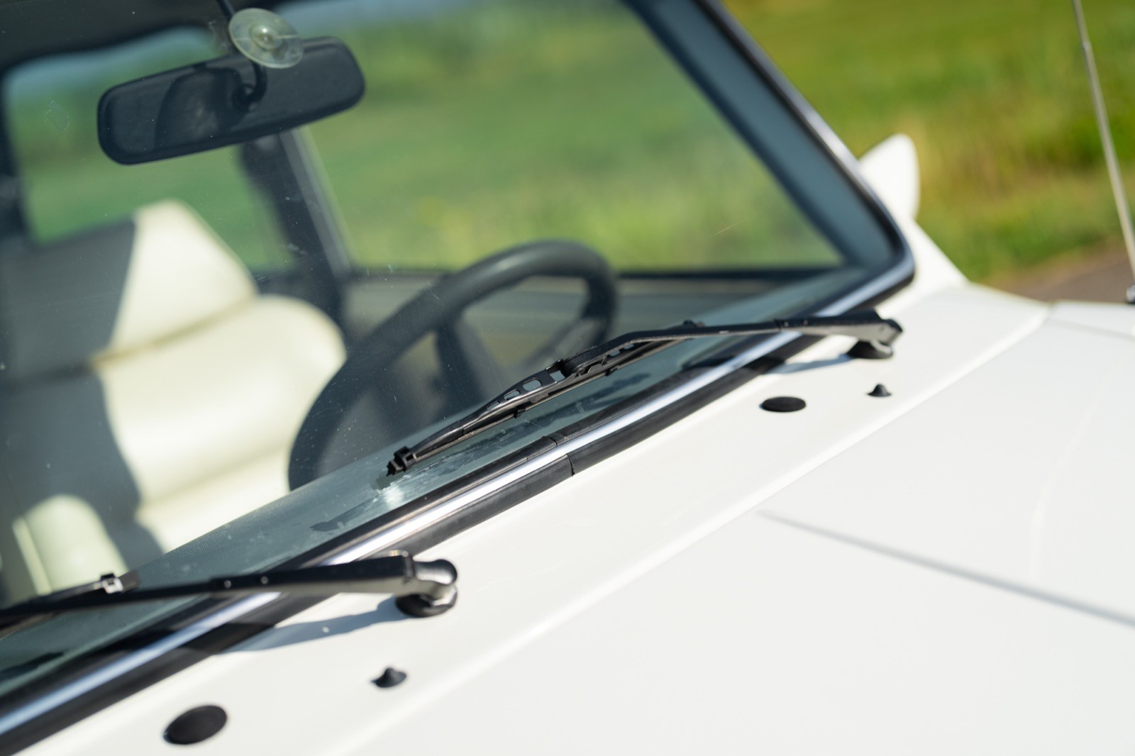 Close-up of a car's windshield, wipers resting, with a blurred grassy landscape in the background.