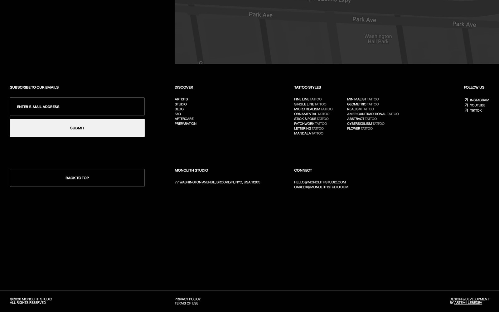 Black footer with email subscription box, links to tattoo styles, artists, studios, "Back to Top" button, and social media icons.