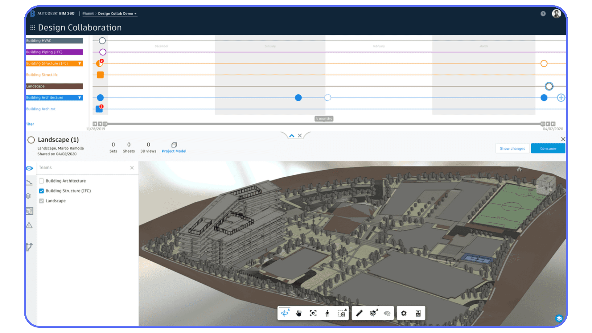 Autodesk BIM 360 design collaboration interface showing shared Revit project model in the cloud