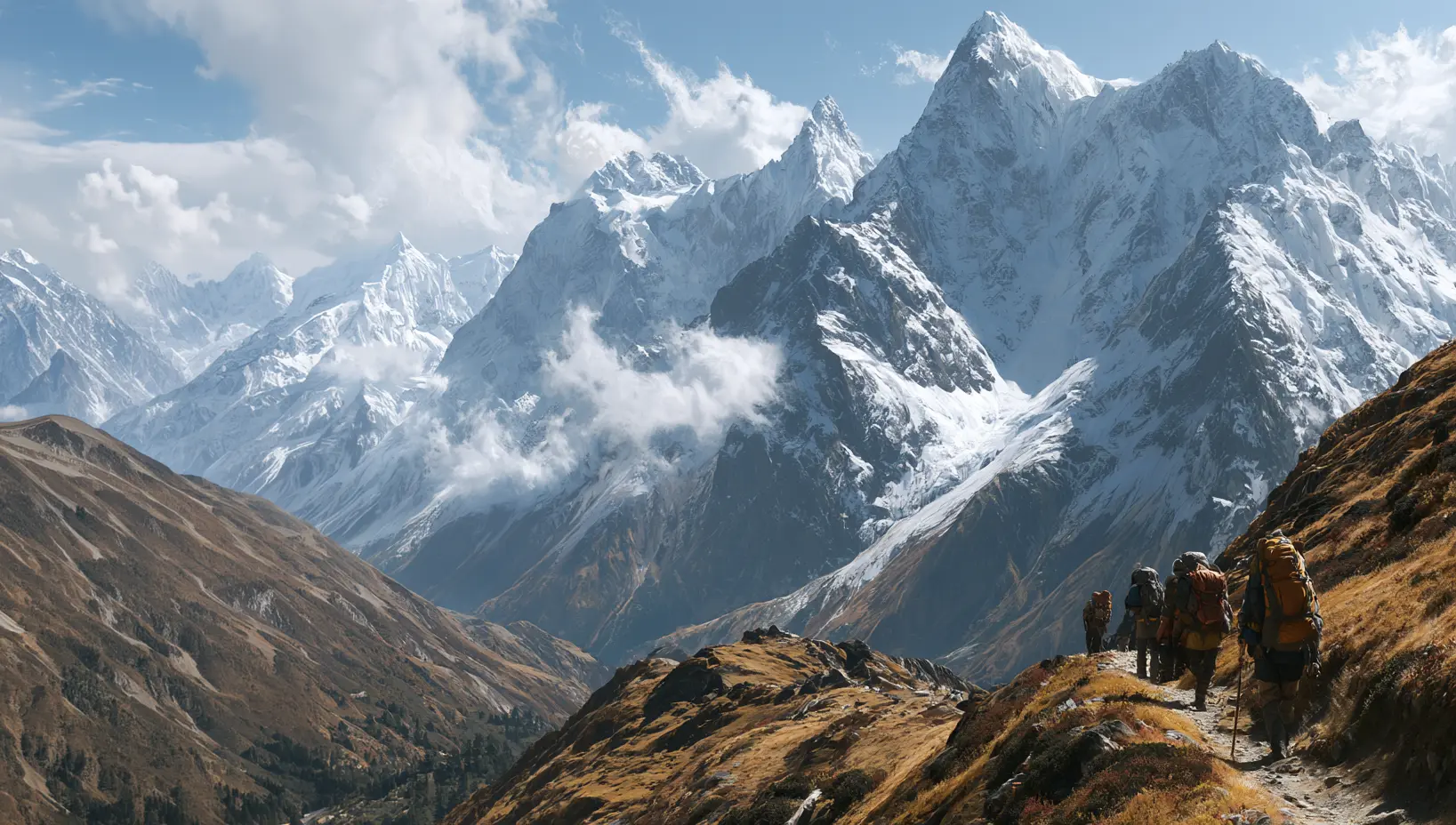 A mountain guide sherpa leading a small group of adventurers along a narrow trail in the endless himalayas.