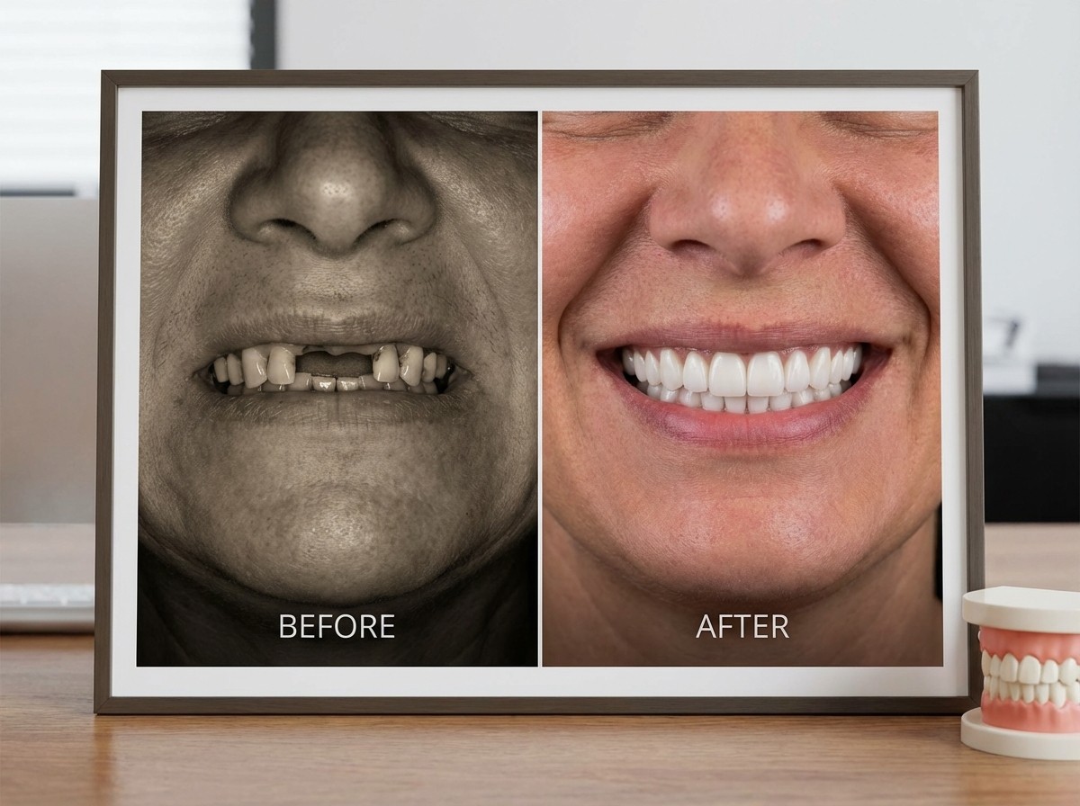 Before and after All-on-4 dental implant transformation showing complete smile restoration at Smyrna Dental Studio