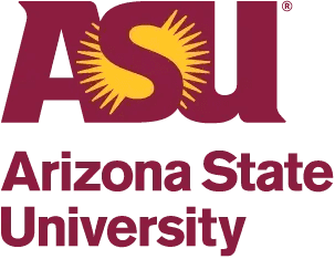 The image features the Arizona State University logo with the acronym "ASU" in bold maroon letters accompanied by a yellow sunburst design, positioned above the full name "Arizona State University" in maroon text, set against a transparent background.