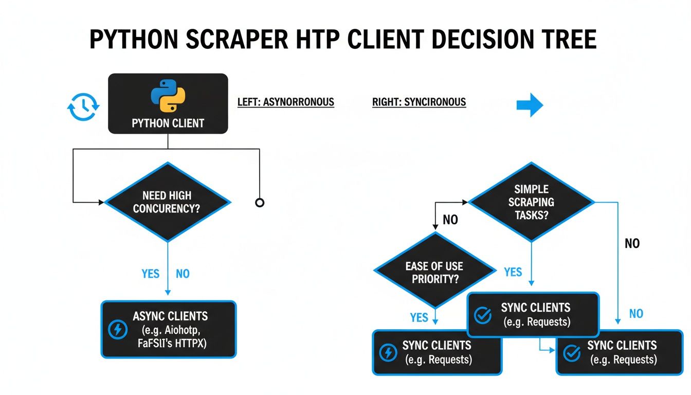Decision tree for choosing Python HTTP scraper client based on concurrency and task complexity.