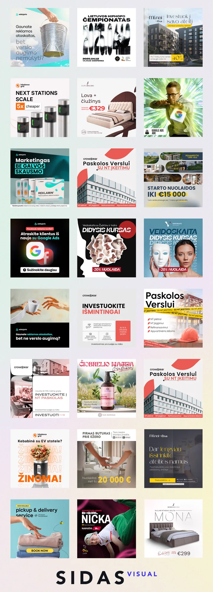 Collage of Sidasvisual static ad creative examples for ecommerce, real estate, and service campaigns