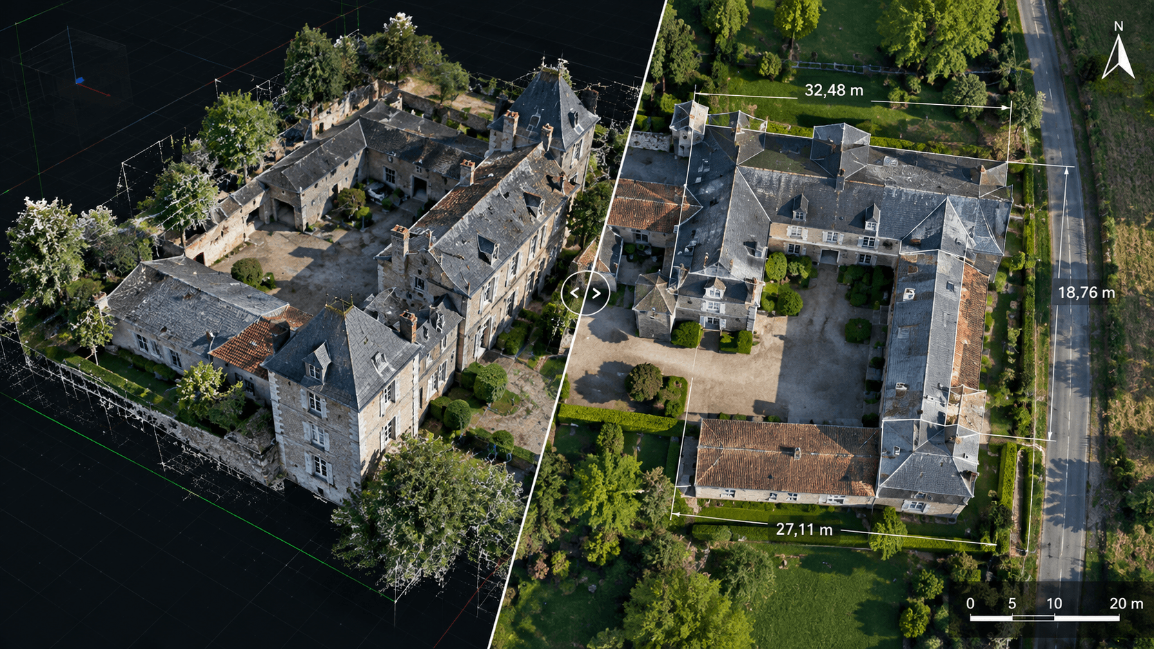 Illustration de photogrammétrie : comparaison d’un modèle 3D et d’une orthophoto, sans attribution de réalisation à Dronoé