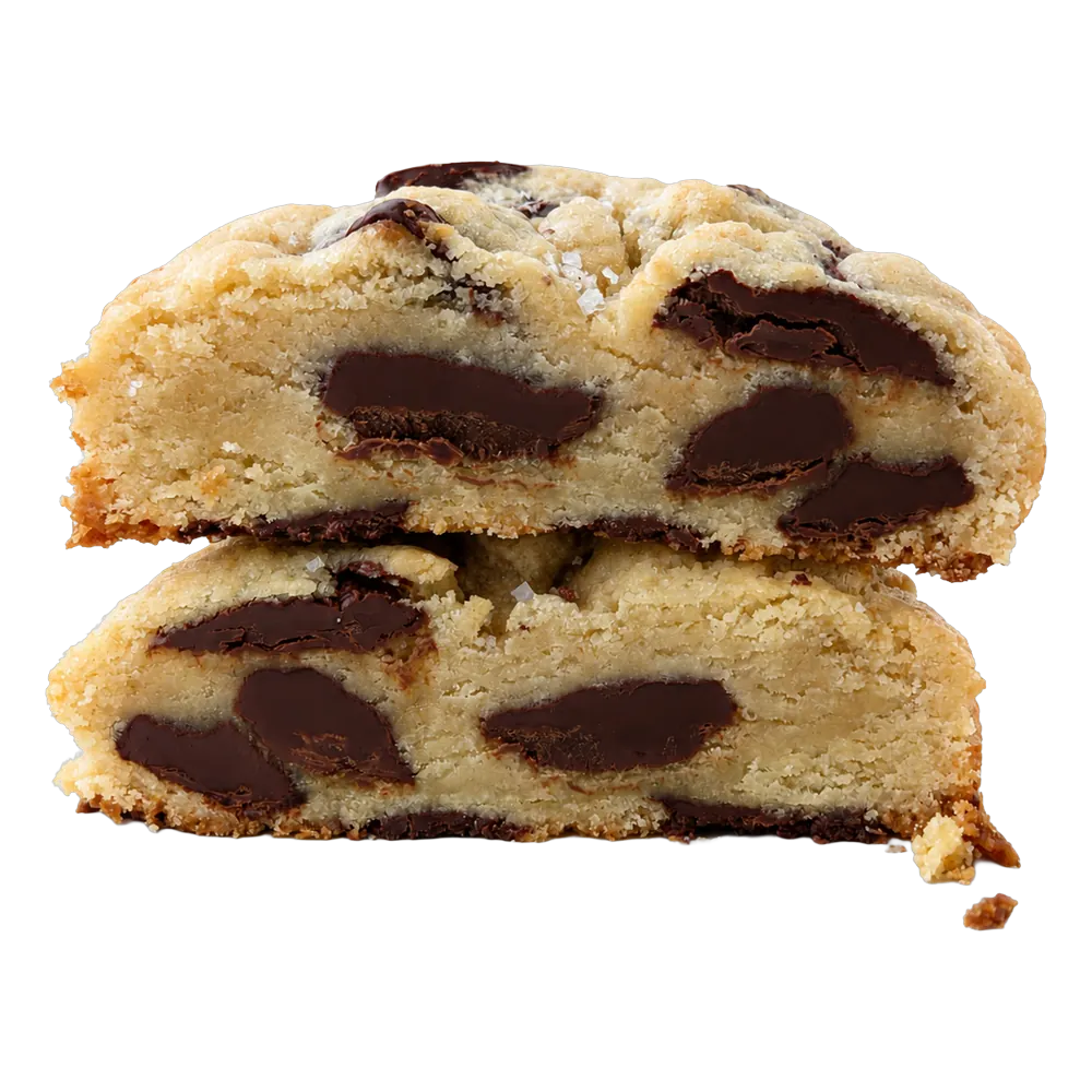 Cookie bio chocolat noir fleur de sel coupé en deux, éclats de chocolat noir fondants | Cookie bio chocolat noir fleur de sel
