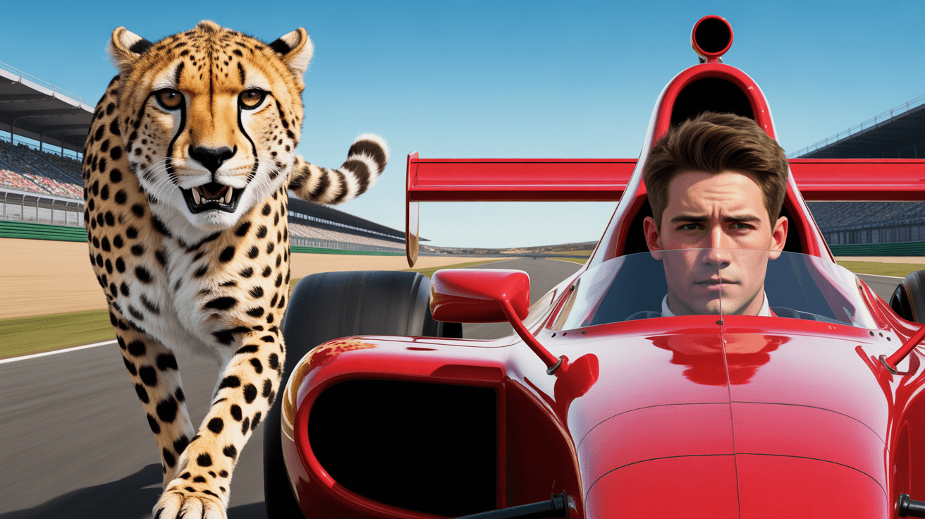 Cheetah facing red race car at track for speed versus battle thumbnail