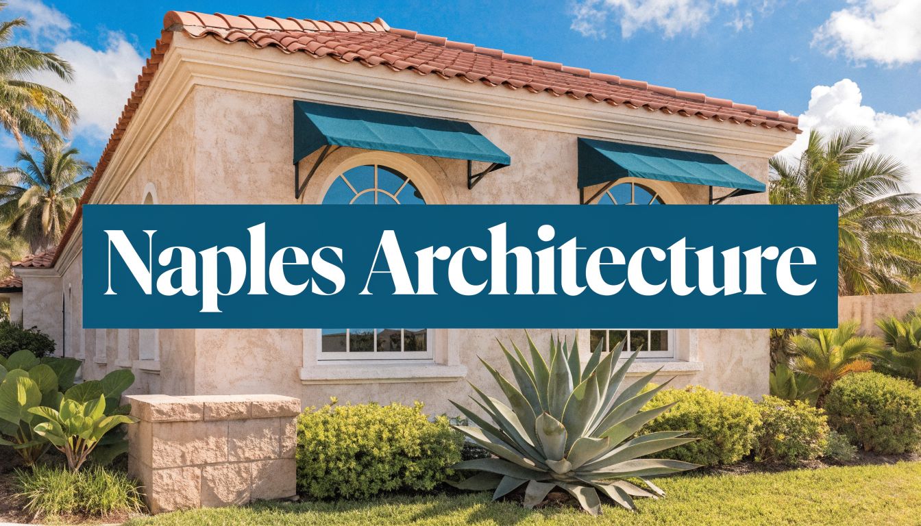 the side of a spanish styled home with a blue text banner reading 'Naples Architecture'