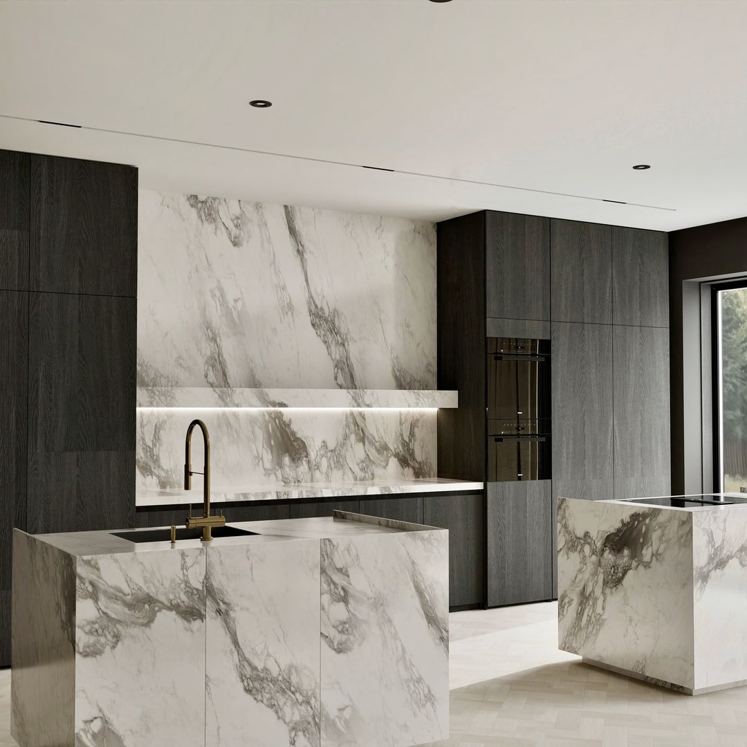 white marble with grey accents and wooden cabinets premium kitchen