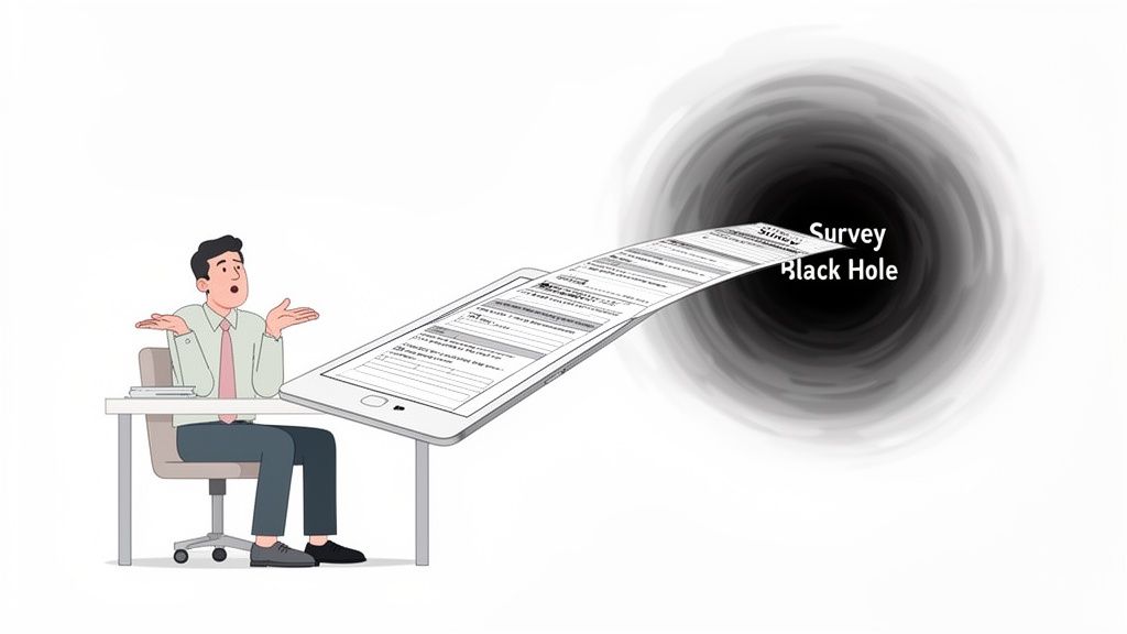 A confused man watches as a digital survey form from a tablet disappears into a 'Survey Black Hole'.