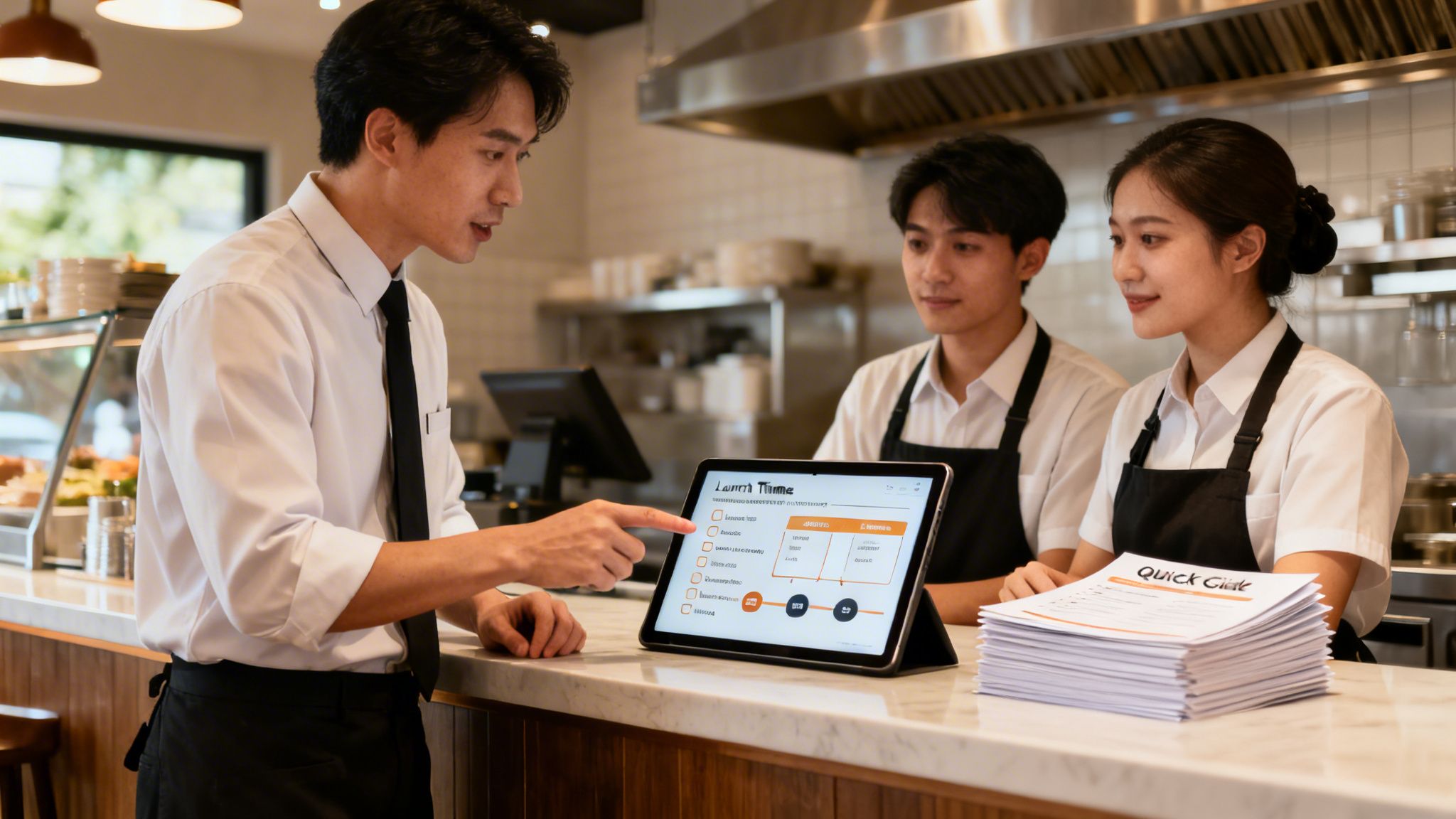Restaurant manager training two staff members on a tablet, discussing customer loyalty programs.