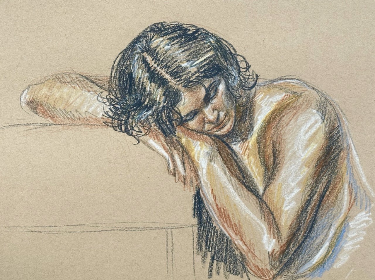 A colored pencil drawing of a figure leaning on a chair, resting their head on their hands