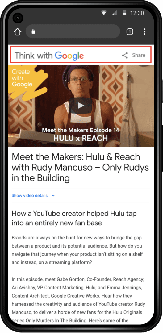 Mobile screen display of the Think with Google home page