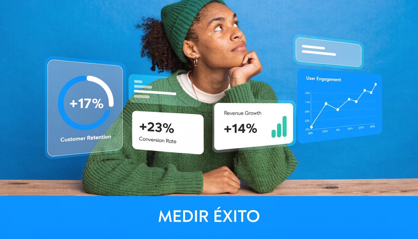 Una mujer joven reflexiona sobre métricas de éxito empresarial presentadas en gráficos digitales flotantes sobre un fondo azul.