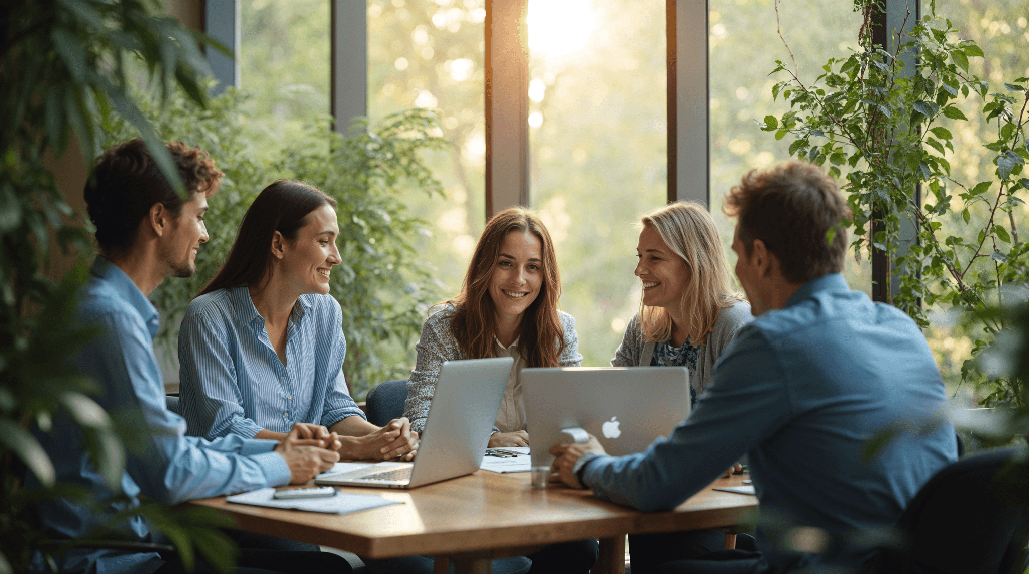 A group of professionals smiling and collaborating around a table with laptops, representing Kowee’s expert consultancy services for car park pricing policies.