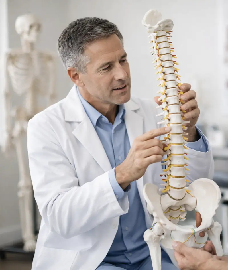 Provider explaining the cause of back pain using a spine model during a medical consultation